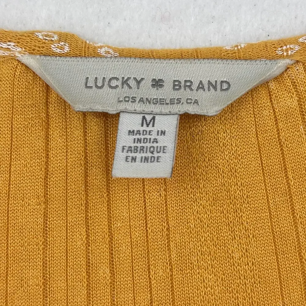 Lucky Brand Peasant Bouse Size M Golden‎ Yellow Print Peasant Tied Deep V Neck